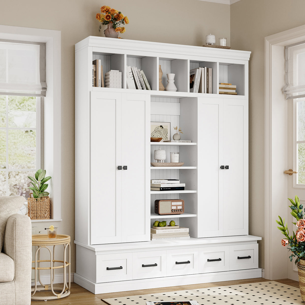 variant-group:rf-n724sj000139aak|Roomfitters 78.7" Hall Tree with Bench, 5 Cubbies, 4 Doors, 5 Drawers, Adjustable Shelves, White