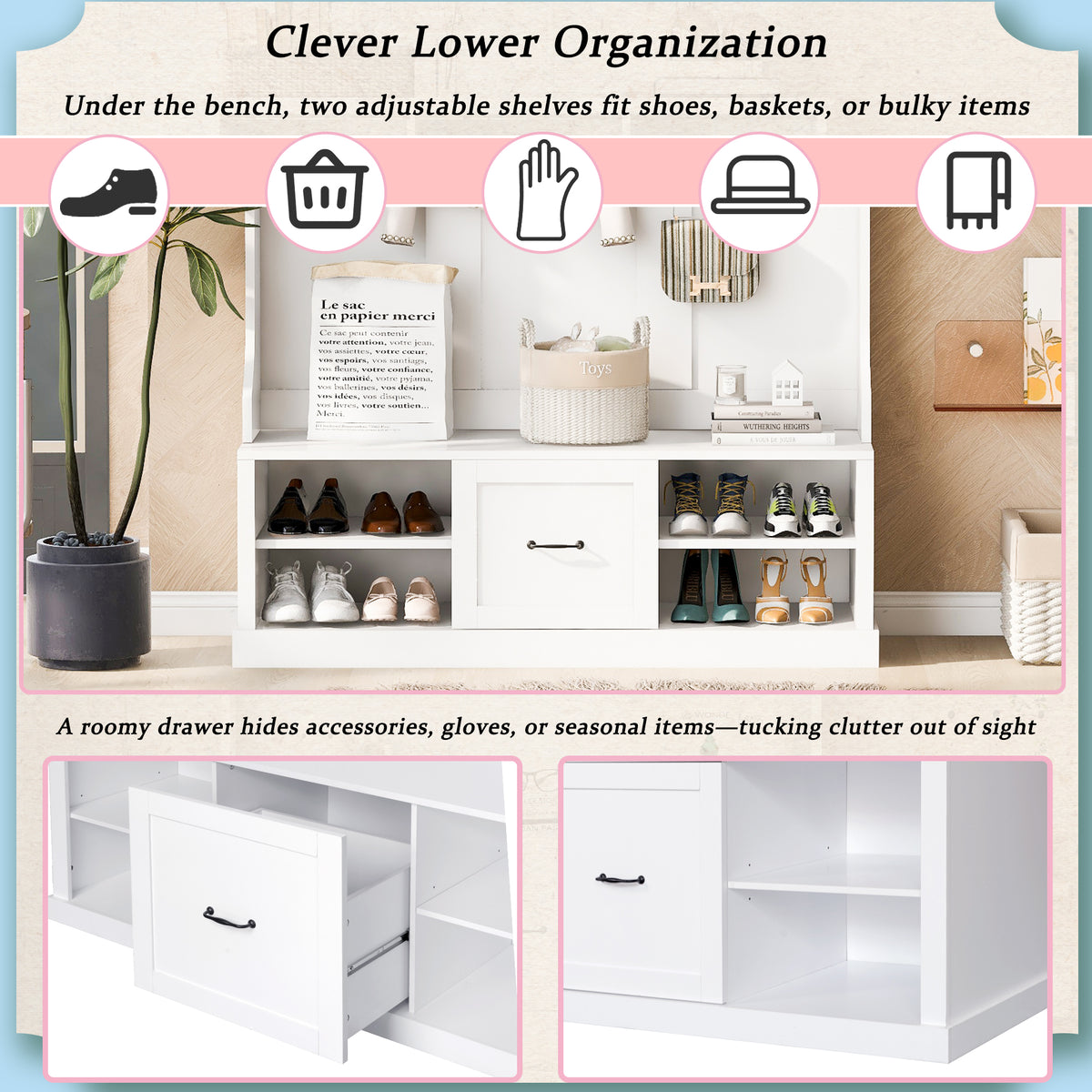 variant-group:rf-n724p264673k|Roomfitters 3-in-1 Hall Tree with 6 Hooks, Coat Rack and Entryway Bench, 57" Organizer with Drawer for Hallway or Living Room, White