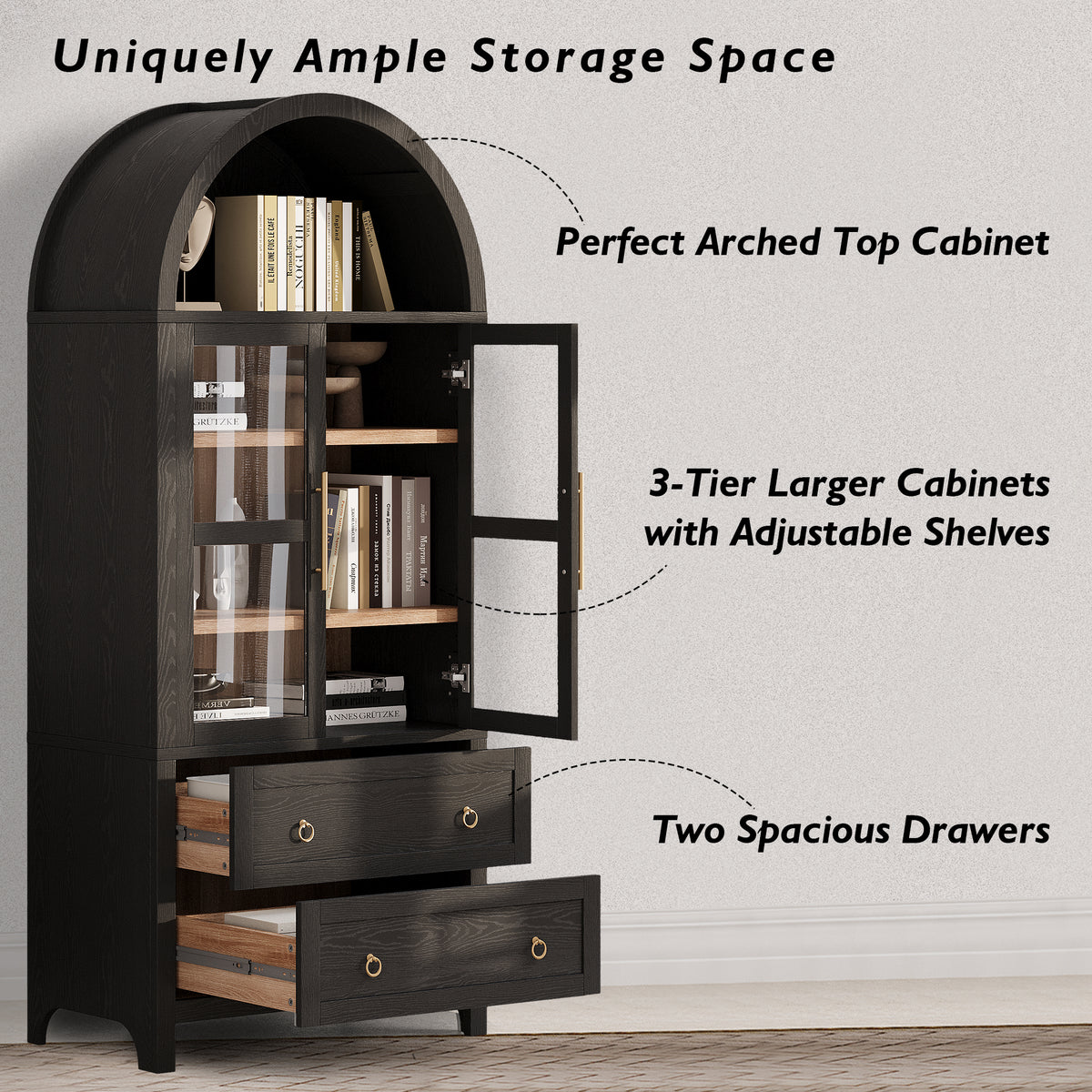 variant-group:rf-n707p288972b|Roomfitters 71" Pantry Cabinet with Arched Top and Glass Doors, 2 Storage Drawers and Adjustable Shelves for Kitchen, Black