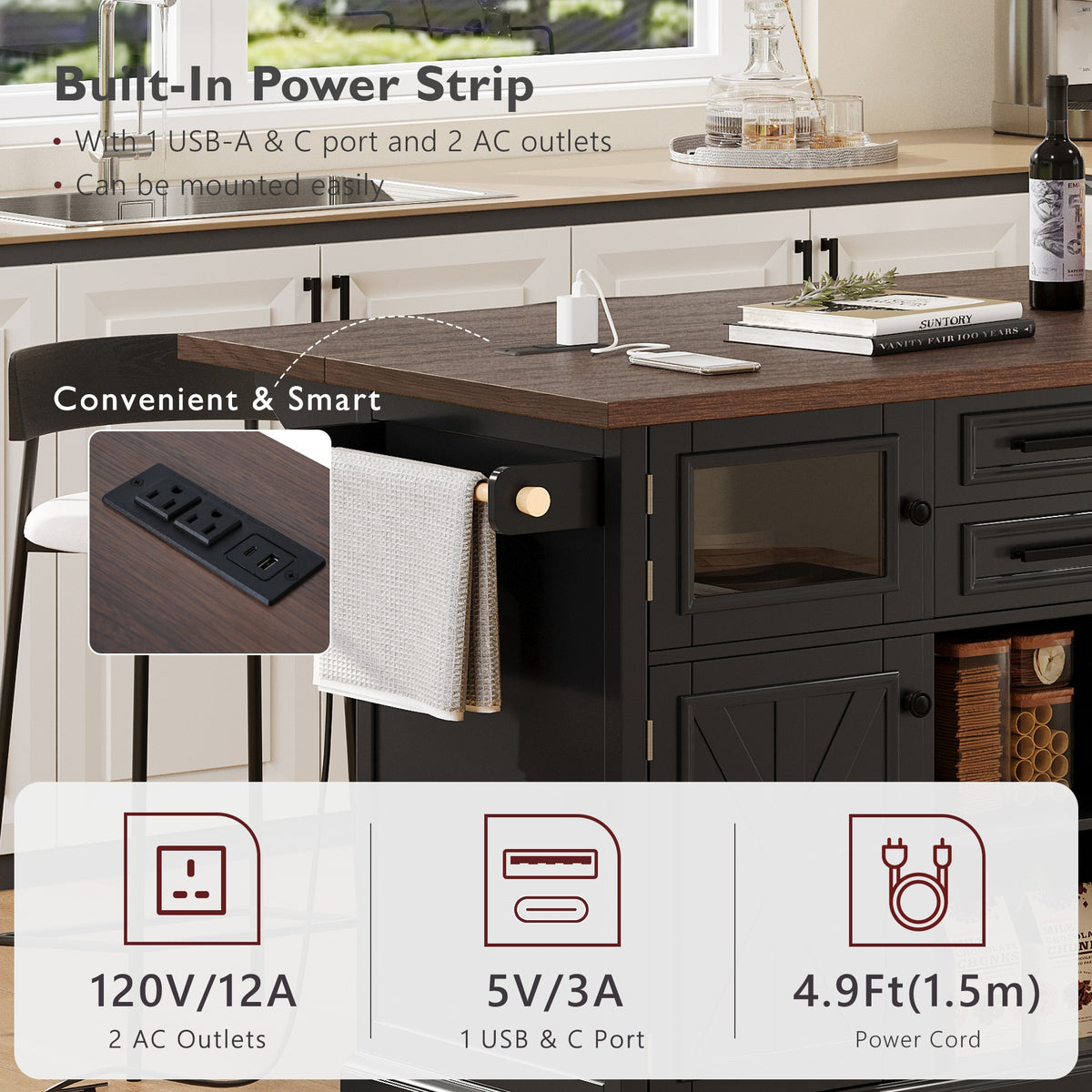 variant-group:rf-n707s300277b|Roomfitters 54.9" Kitchen Island with Drop Leaf, Rolling Kitchen Cart with Barn Door and Glass Door, Storage Cabinet, Black