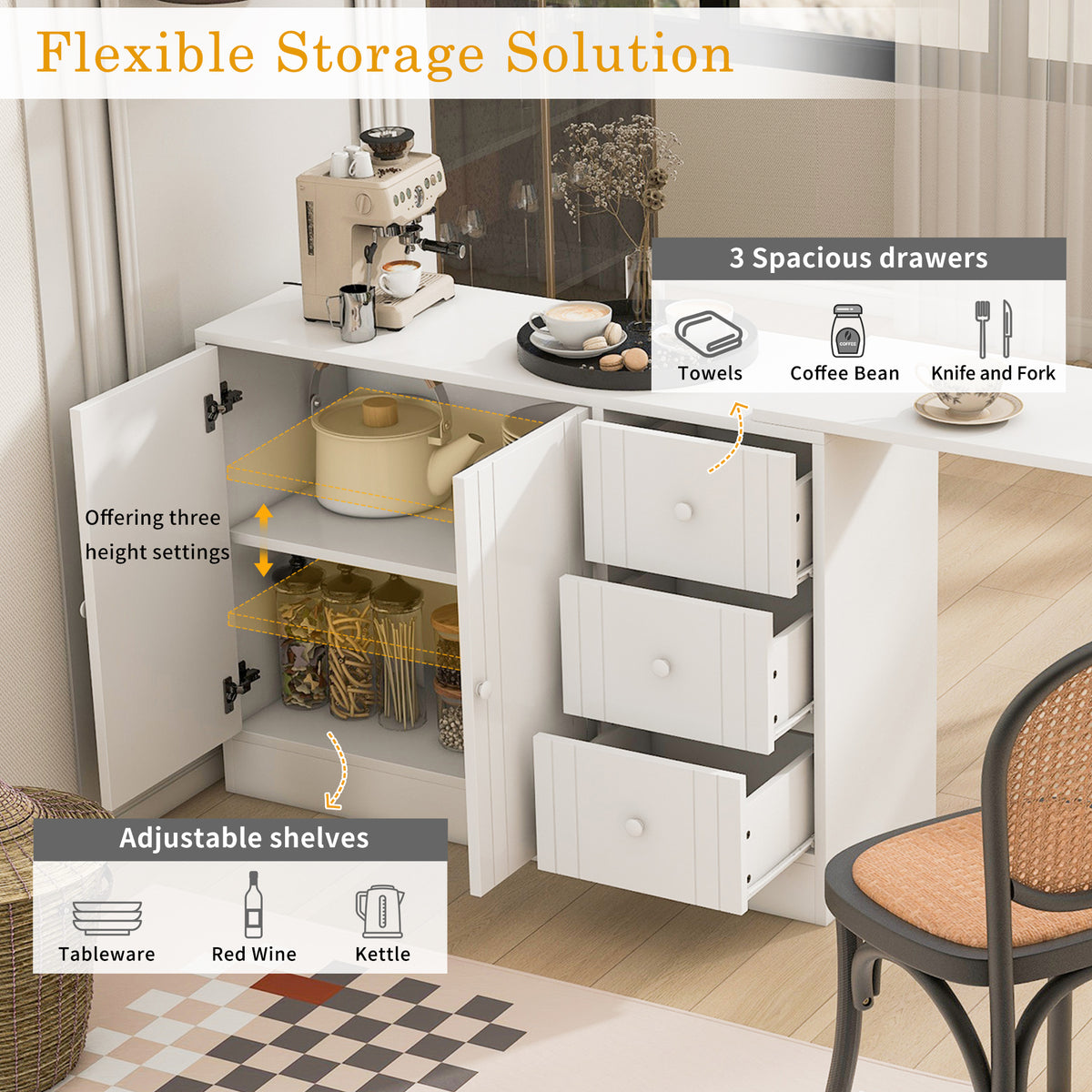 variant-group:rf-n711p334768k|Roomfitters Extendable Sideboard Buffet Cabinet with Storage, Multifunctional Console Table for Dining Room, White