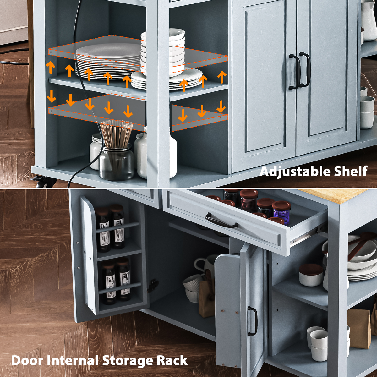 variant-group:rf-n707p215327g|Roomfitters 47" Kitchen Island with Extendable Dining Table, Storage Cabinet, Power Outlet, Rubber Wood Veneer, Grey Blue
