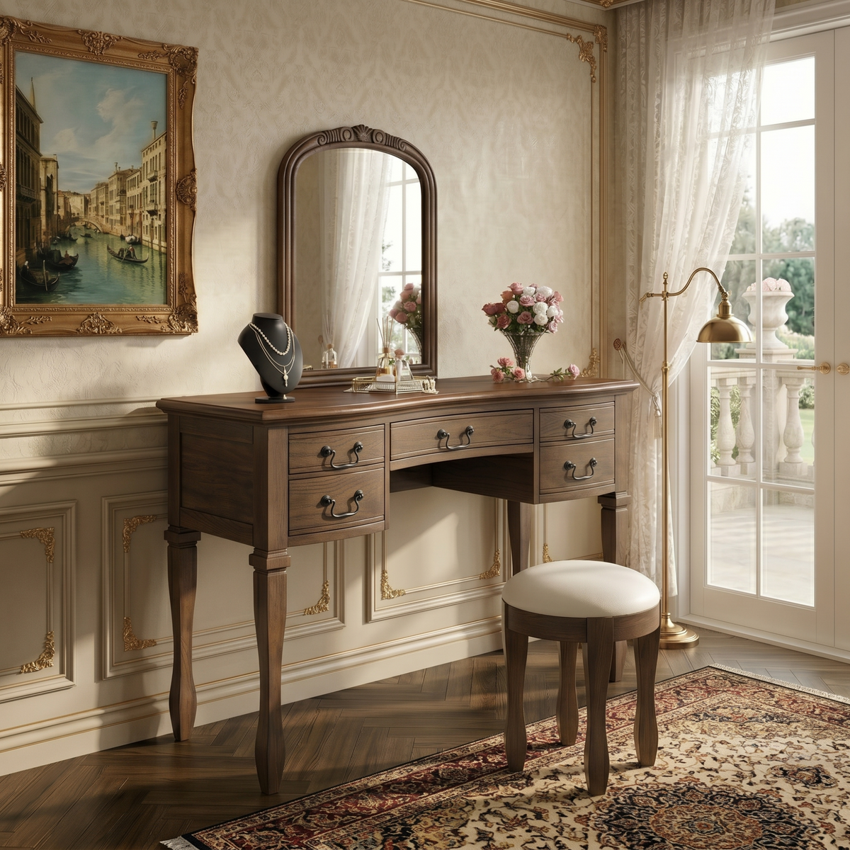 Roomfitters 46-Inch Vintage Makeup Vanity Table with Curved Flower Frame Mirror and Upholstered Leather Stool Espresso Roomfitters