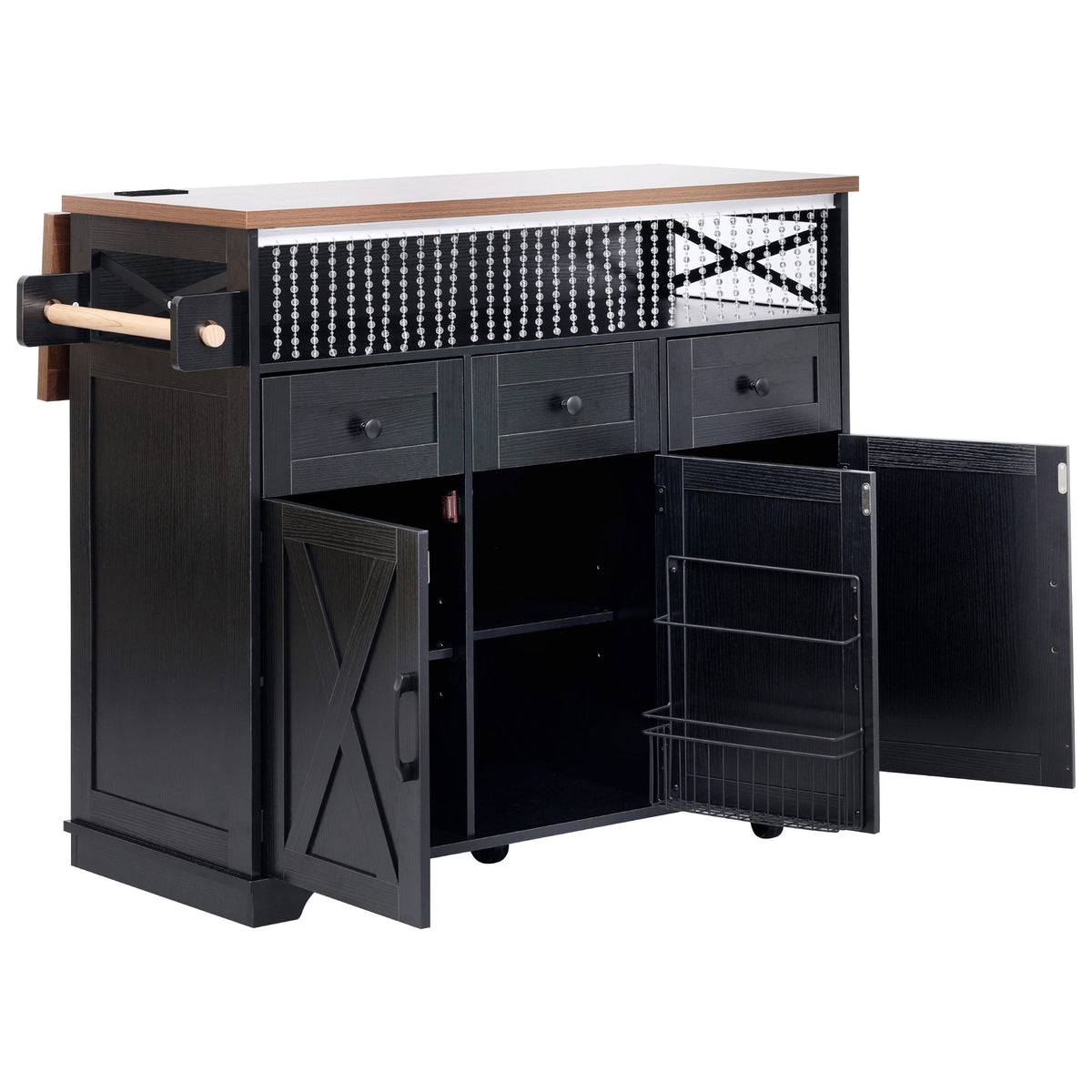 variant-group:rf-n707p254872b|Roomfitters 46.5" Rolling Kitchen Island with Drop Leaf, Mobile Cart with 2 AC Outlets & USB, Beaded Drape & 3 Drawers, Black