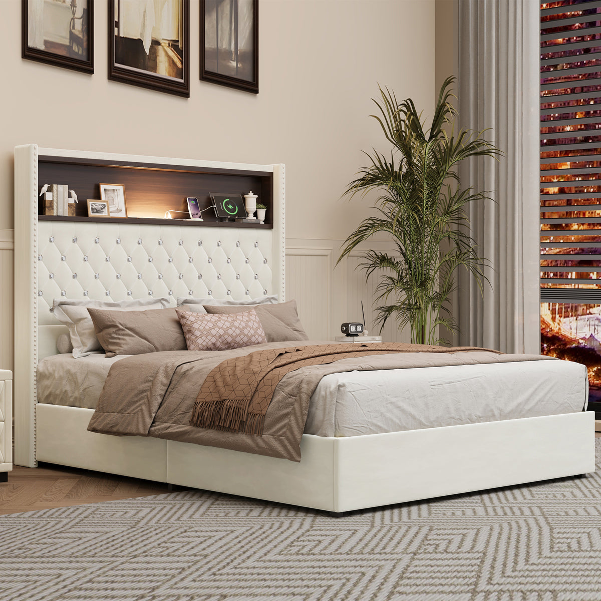 variant-group:rf-n733p368653a|Roomfitters Full Velvet Tufted Platform Bed with Charging Ports, Tall Wingback Headboard with Rivet Trim and Shelf, Beige