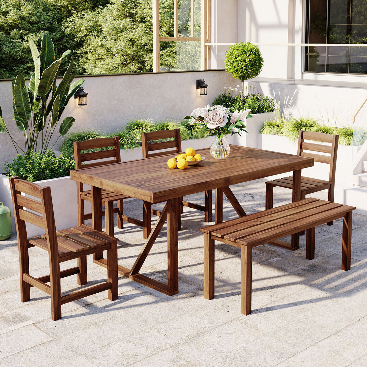 variant-group:rf-n711wy000472aae|Roomfitters 6-Piece Acacia Wood Outdoor Dining Set with Bench and 4 Chairs, Rectangular Table for Patio and Backyard, Brown