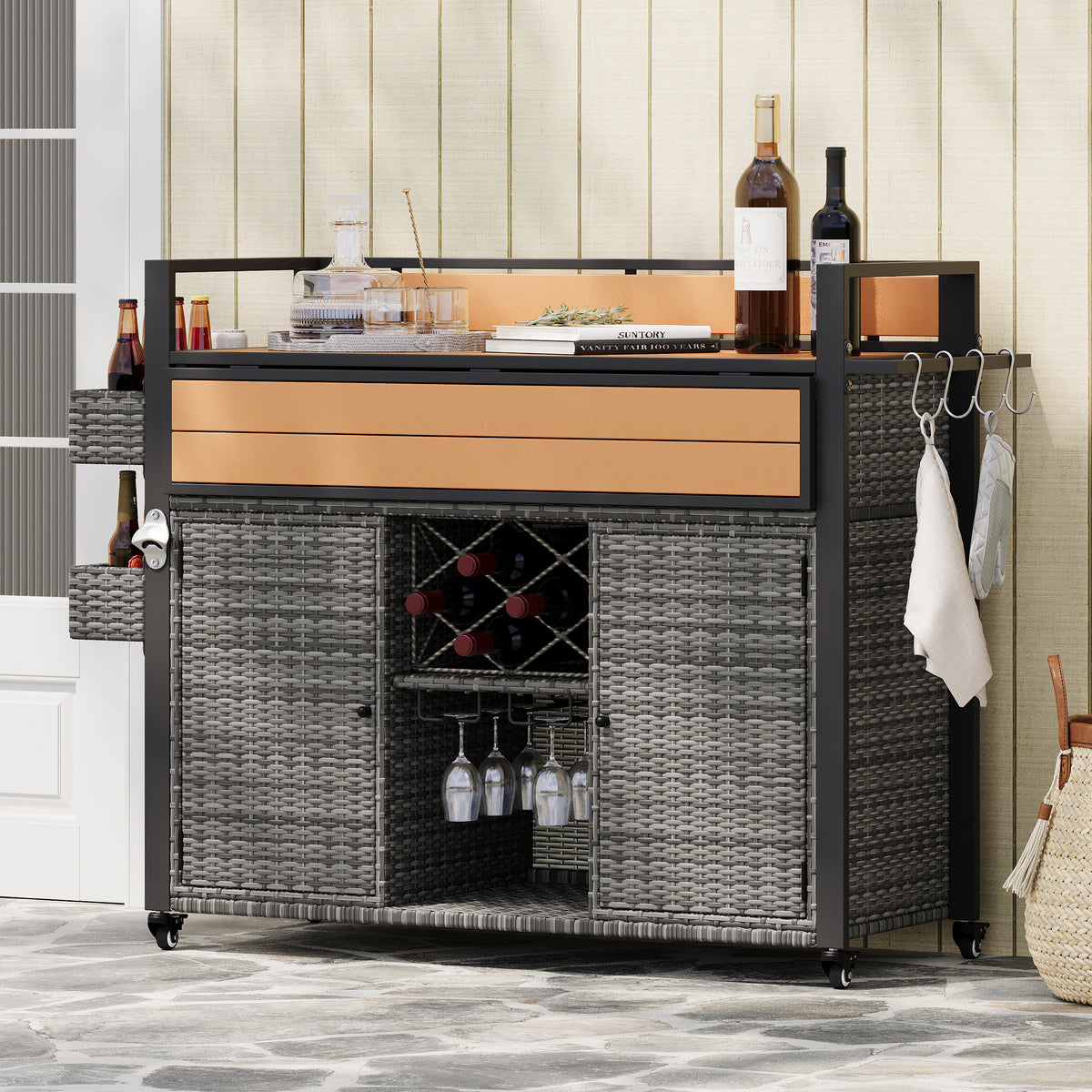variant-group:rf-n707p233747g|Roomfitters 52.8" Wicker Outdoor Grill Cart with Plastic Wood Table, Rolling Island with Storage Cabinet, Double Handles, Grey