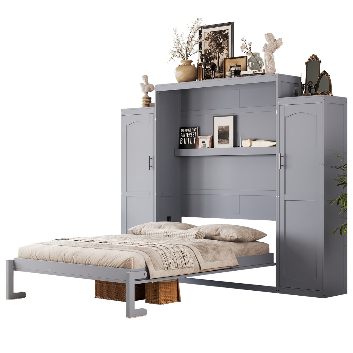 variant-group:rf-n733s235627e|Roomfitters Queen Murphy Wall Bed with Two Wardrobes and Storage Shelf, Foldable Platform Bed Frame for Guest Room, Gray