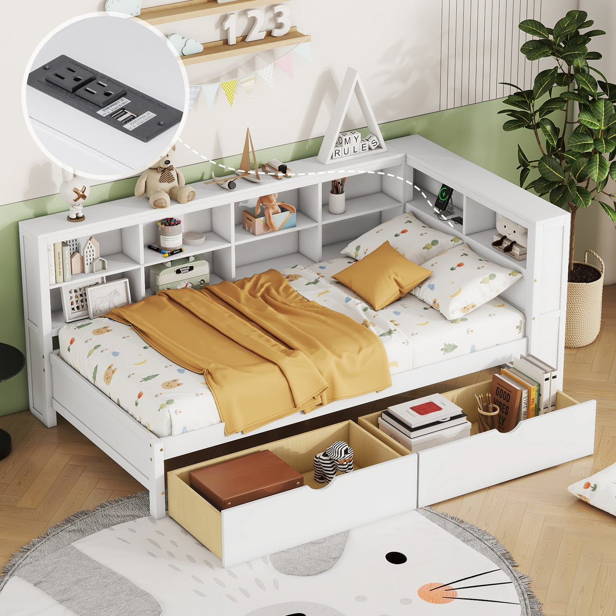 variant-group:rf-n733s347768k|Roomfitters Wooden Twin Daybed with Underbed Storage, Built-In Shelf & USB Charging Ports, White