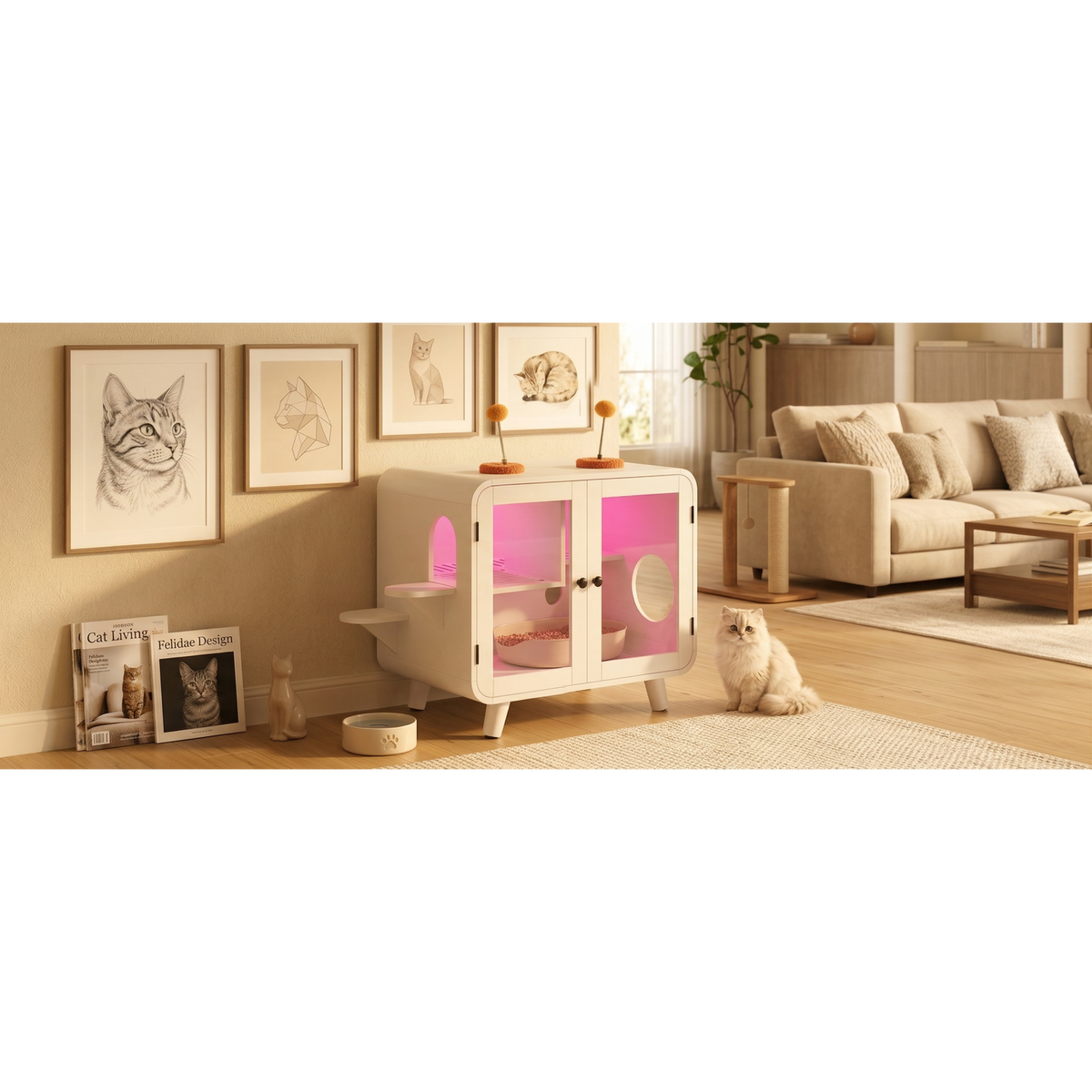 variant-group:rf-n704p419240a|Roomfitters Retro TV-Style Hidden Cat Litter Box Enclosure with App Controlled RGB LED Lights and Stairs Beige