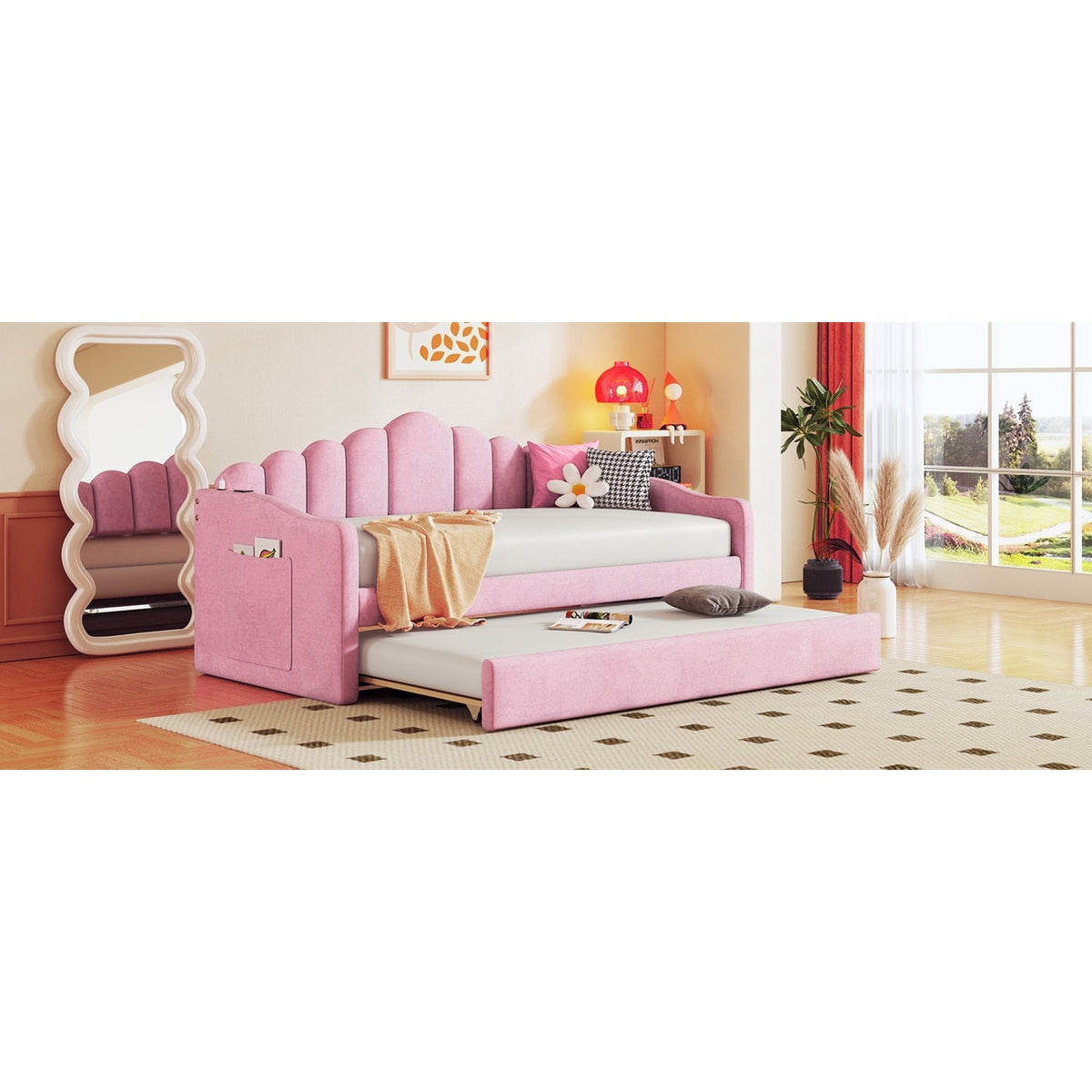 Roomfitters Twin Upholstered Daybed with Trundle, Velvet Sofa Bed with USB Charging Ports, No Box Spring, Pink