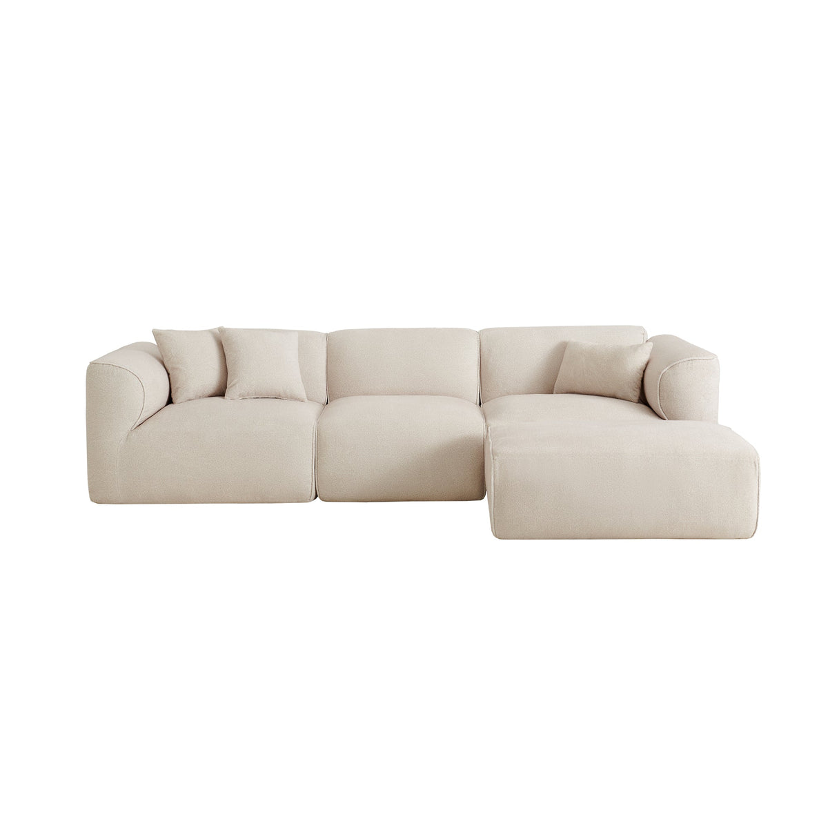 Roomfitters Double-Needle Cut Velvet Sofa, 4-Seater Sectional Couch, Movable Chaise Ottoman, Beige Low-Profile Pit Roomfitters
