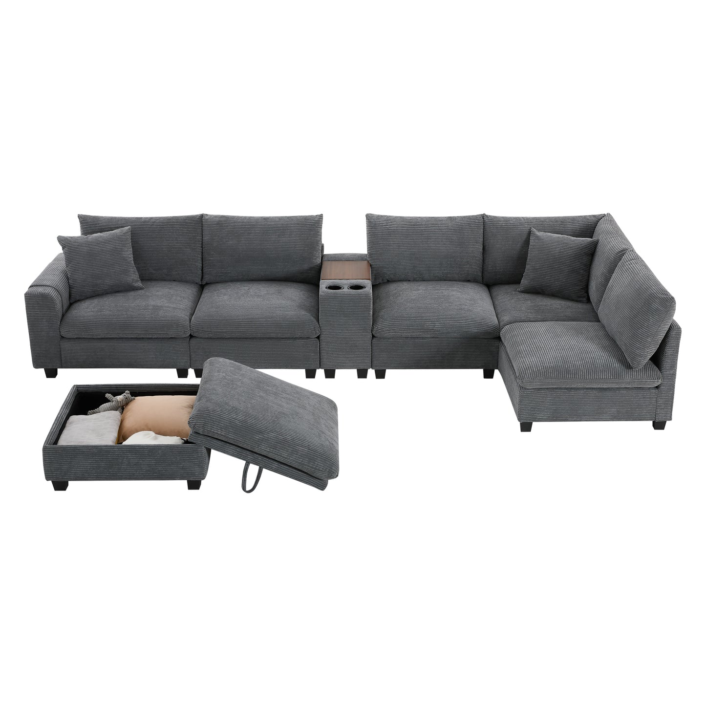 variant-group:rf-n723s1166e|Roomfitters 139 Inch U-Shaped Modular Sectional Sofa with Storage Console, Cup Holders and USB Ports for Living Room, Gray