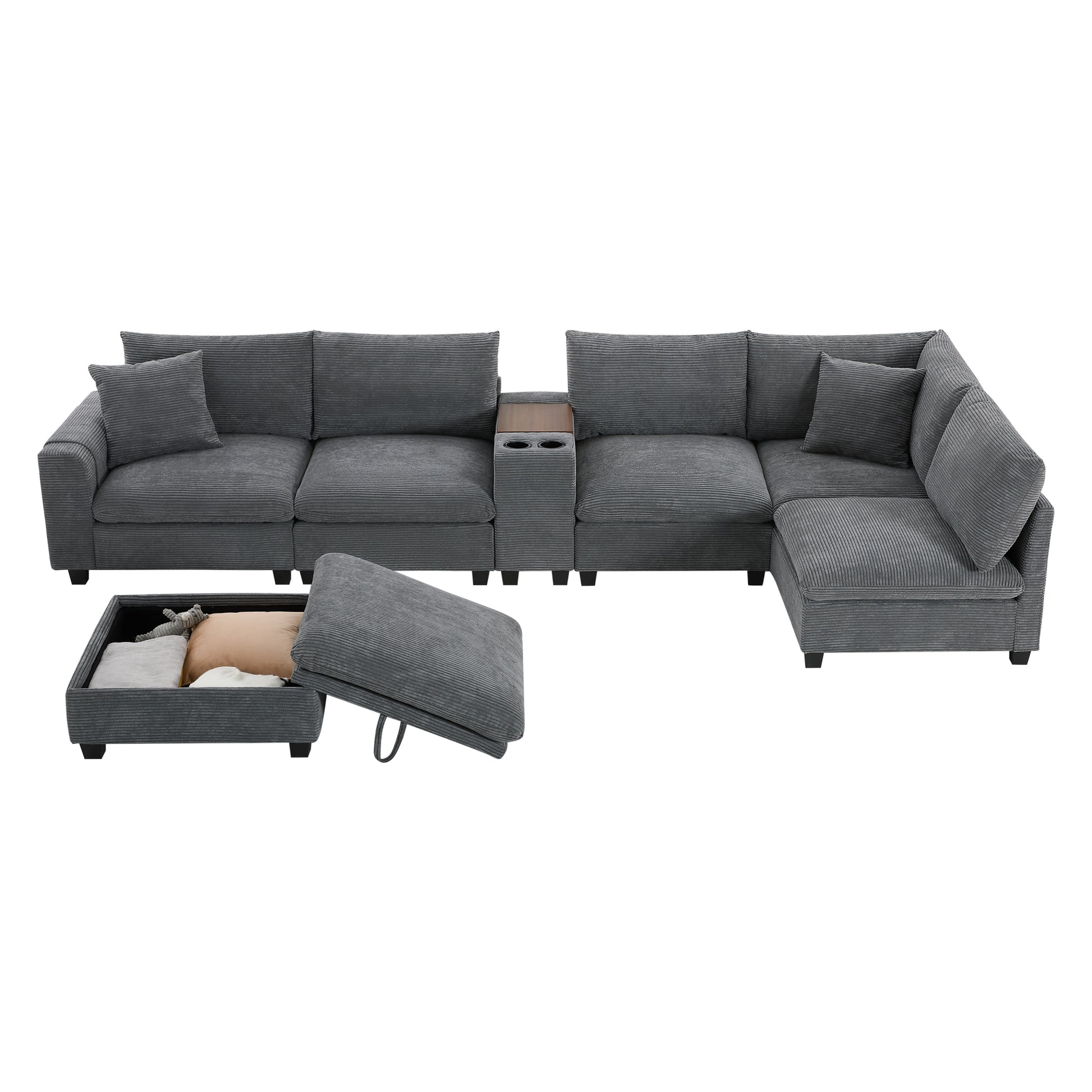 variant-group:rf-n723s1166e|Roomfitters 139 Inch U-Shaped Modular Sectional Sofa with Storage Console, Cup Holders and USB Ports for Living Room, Gray