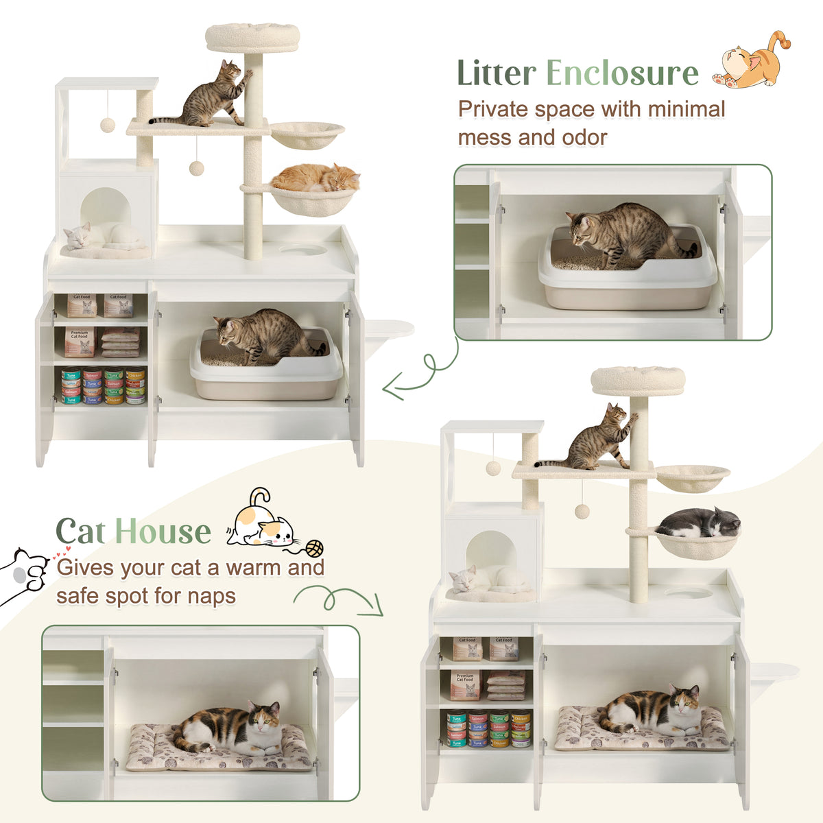 variant-group:rf-n704p443505k|Roomfitters All-in-One Modern Multi-Level Cat Tree Tower Condo with Hidden Litter Box Enclosure Space White