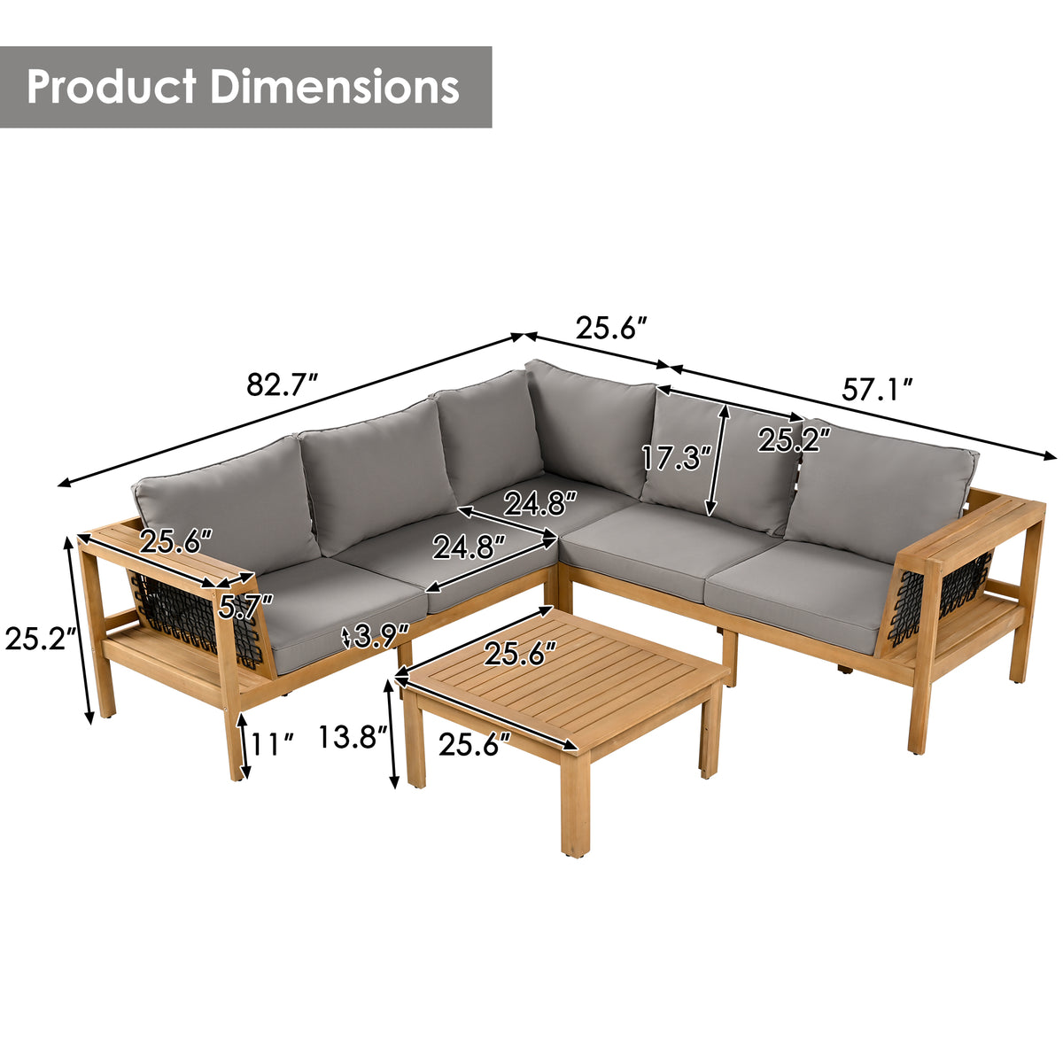 variant-group:rf-n704f201249e|Roomfitters 4-Piece Outdoor Sectional Sofa Set with Coffee Table and Built-in Side Shelves, Wood Frame, Gray+Natural