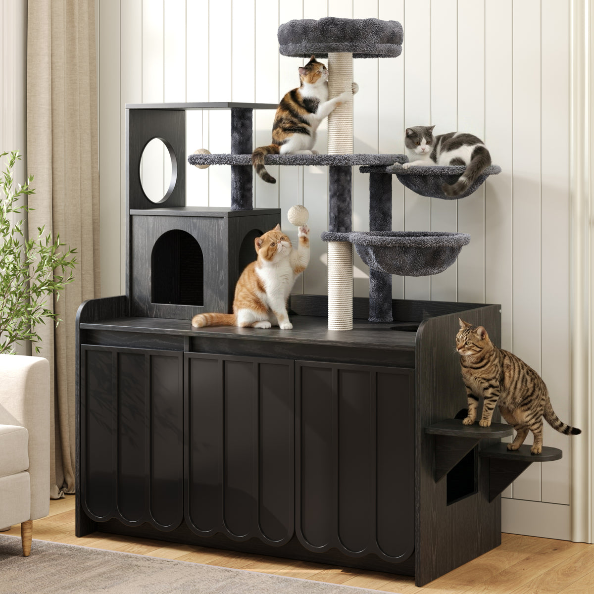 variant-group:rf-n704p443505b|Roomfitters All-in-One Modern Multi-Level Cat Tree Tower Condo with Hidden Litter Box Enclosure Space Black