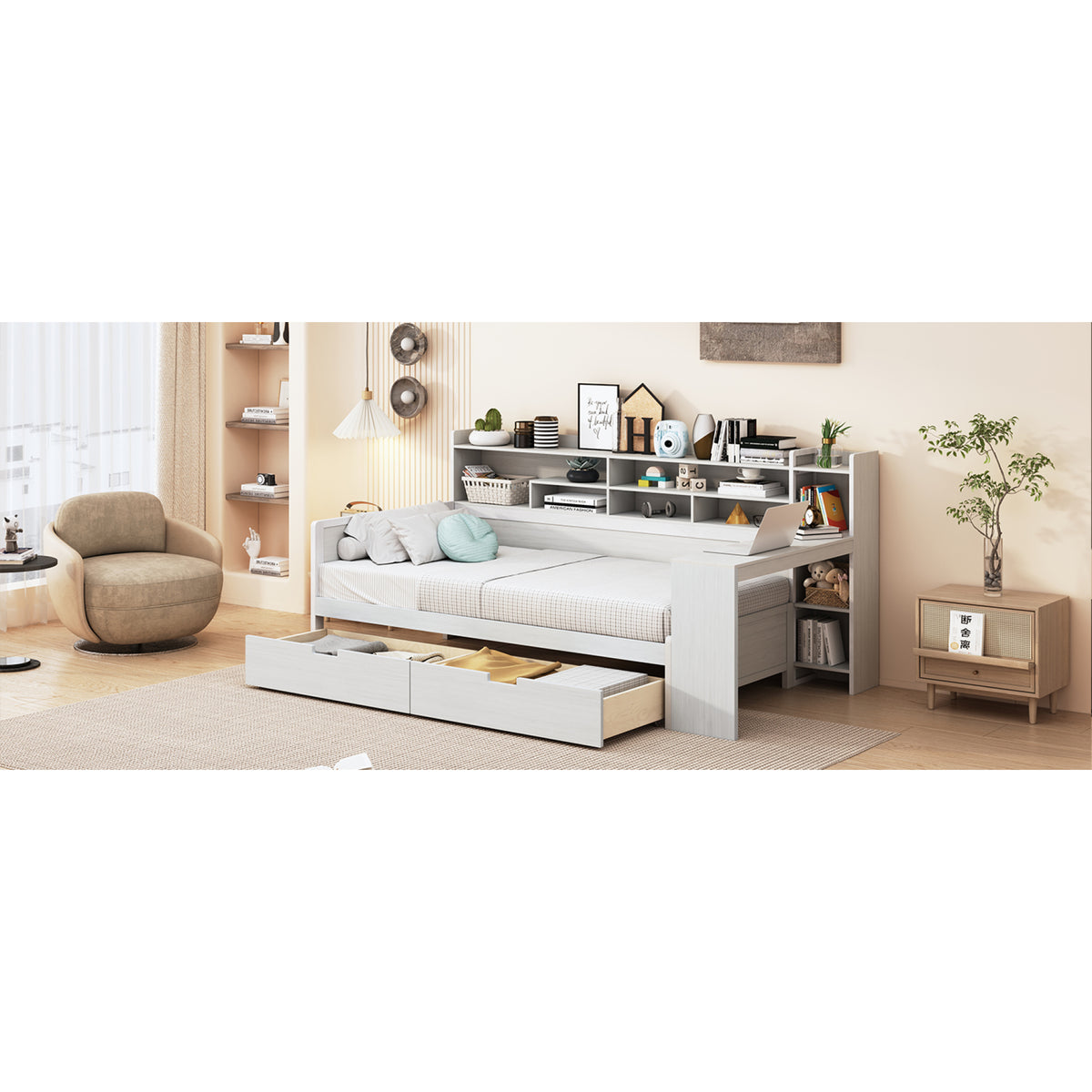 variant-group:rf-n733s241484k|Roomfitters Wooden Twin Size Daybed with Storage Shelves, Multi-functional Bed with Two Storage Compartments and Study Desk, Antique White