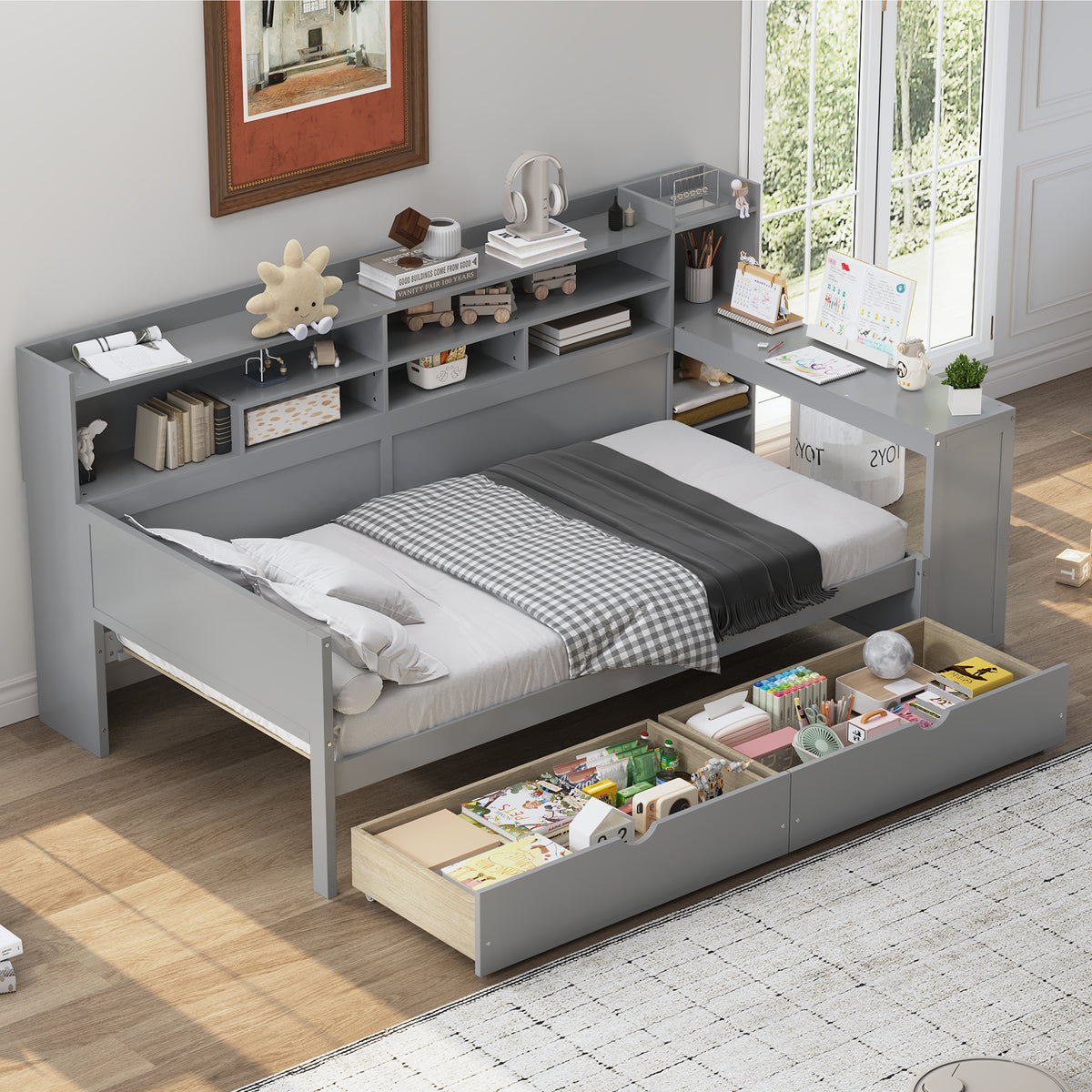 variant-group:rf-n733s241484e|Roomfitters Wooden Twin Size Daybed with Storage Shelves, Multi-functional Bed with Two Storage Compartments and Study Desk, Gray