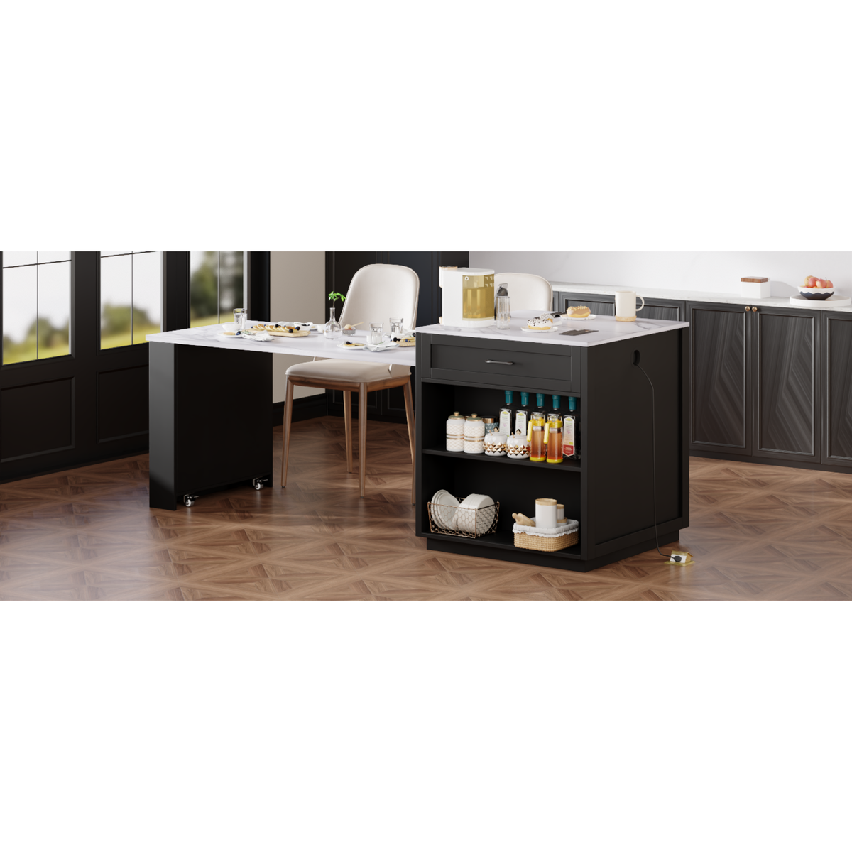 variant-group:rf-n707s000010b|Roomfitters 82.7" Kitchen Island with Extendable Table, Faux Marble Top, Double Storage, Power Outlet, Black