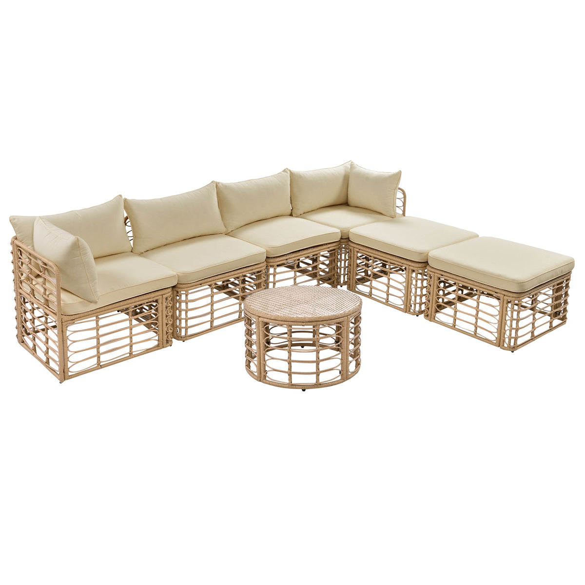 Roomfitters 7-Piece Contemporary Hollow-Woven Rattan Sectional Sofa Set with Round Coffee Table Brown Roomfitters