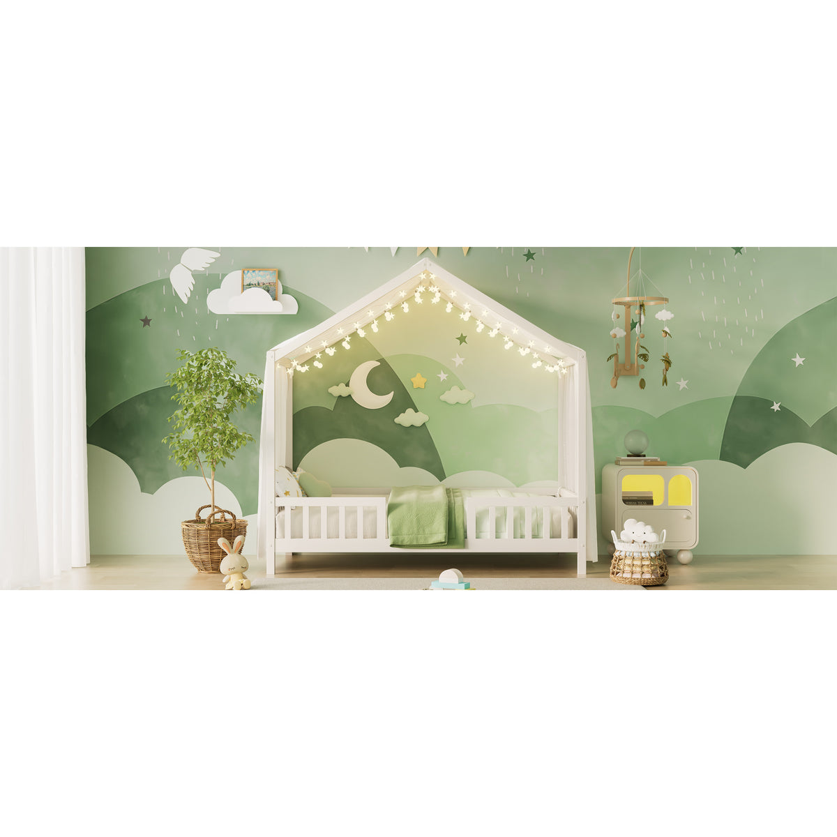 variant-group:rf-n733p356043k|Roomfitters Twin Montessori Floor Bed with Canopy, House Shape Wood Frame with Safety Rails, Youth Platform Bed, White