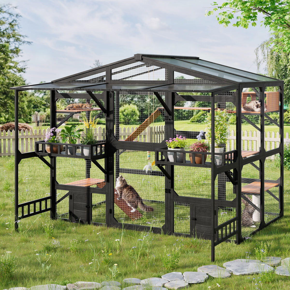 variant-group:rf-n704g201620b|Roomfitters Extra Large Wood Catio Cat Cage Outdoor Kennel with Transparent Sunroof and Dual Storage Shelves Black