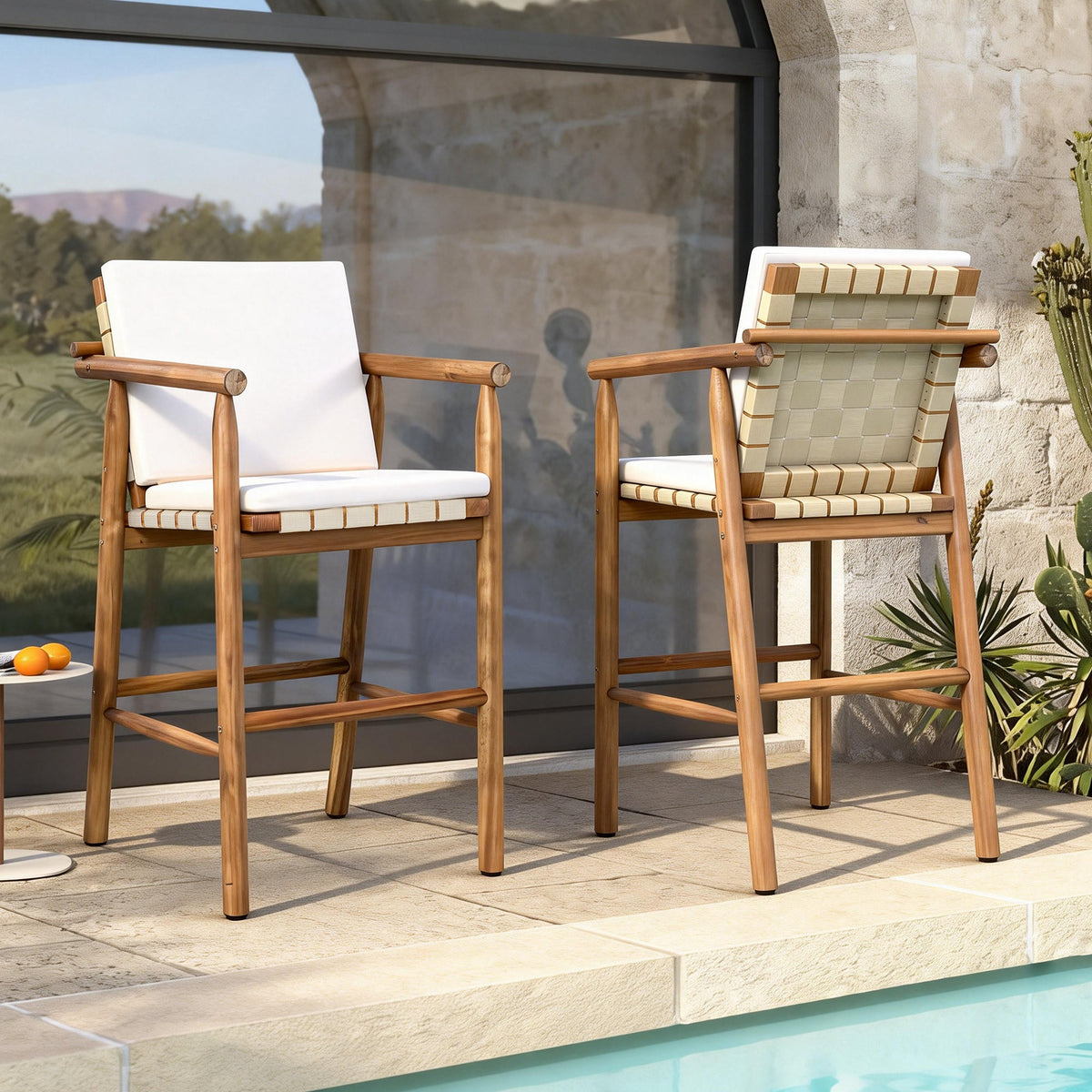 Roomfitters Set of 2 Outdoor Bar Stools with Beige Cushions, Natural Wood High Chairs for Patio Balcony Kitchen, Natural Roomfitters