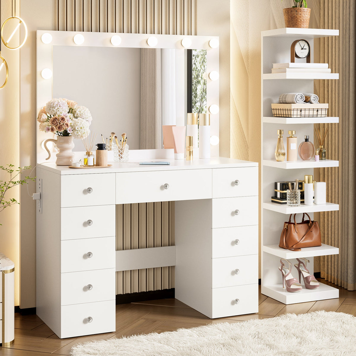 Roomfitters White Makeup Vanity Desk with 11 Hollywood LED Bulbs 7-Tier Side Storage Display Shelves and 11 Drawers Roomfitters