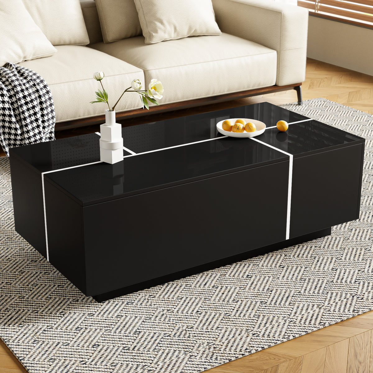 variant-group:rf-n724p292070b|Roomfitters Glossy Extendable Coffee Table with 2 Drawers and Hidden Storage Compartments, Multi-Functional Design, Black