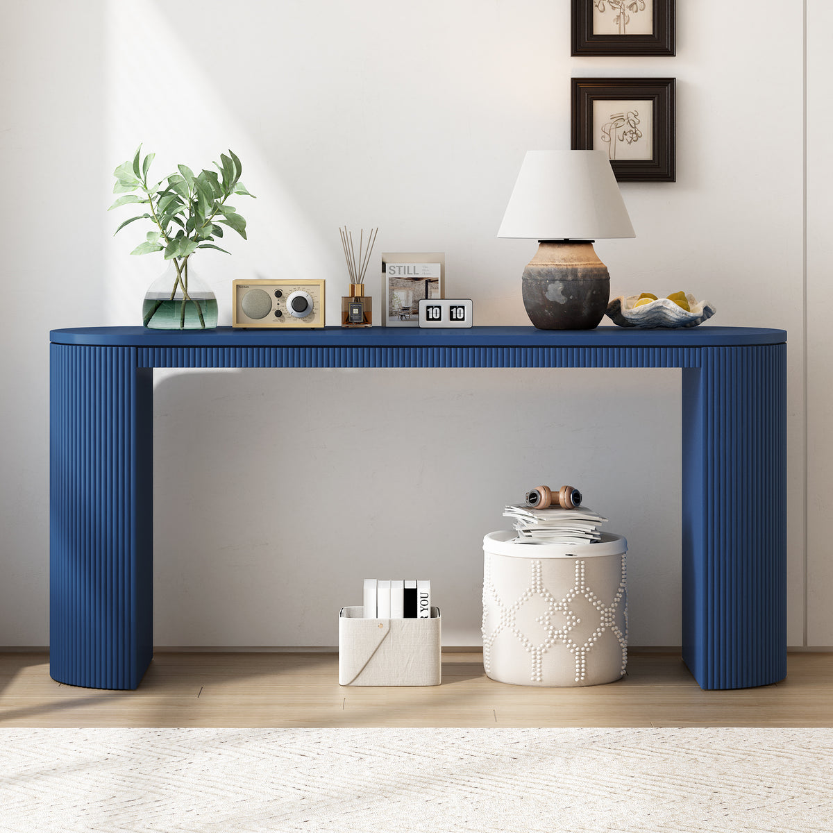 variant-group:rf-n711p205935v|Roomfitters Curved Console Table with Vertical Stripe Design, Entryway Table for Living Room, Navy Blue