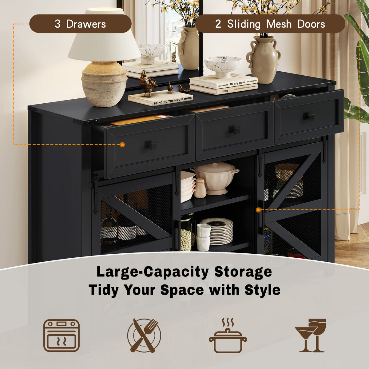 variant-group:rf-n711p347384b|Roomfitters 55" Sideboard Buffet Cabinet with 3 Drawers and Sliding Barn Doors, Farmhouse Storage for Kitchen & Dining, Black