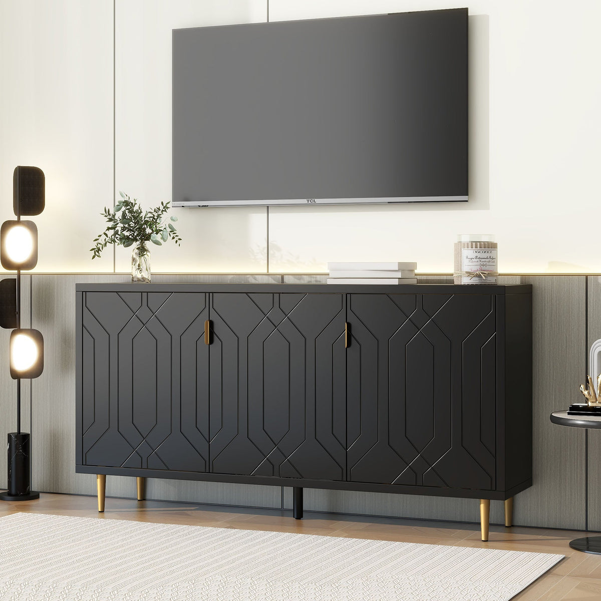 Roomfitters Modern TV Stand with 3 Doors and Adjustable Storage Shelves, Fits TVs up to 70 Inches, Black Roomfitters