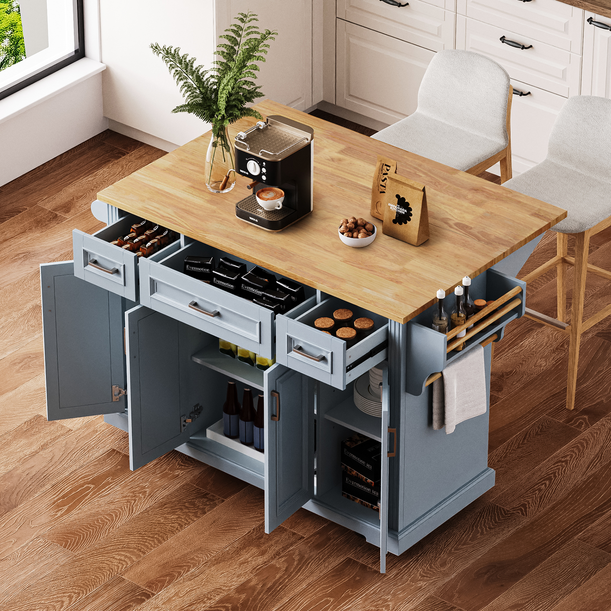 variant-group:rf-n707s195395g|Roomfitters 54" Kitchen Island with Wood Top, Rolling Storage Cabinet with 3 Drawers and 3 Doors, Spice Rack, Grey+Blue