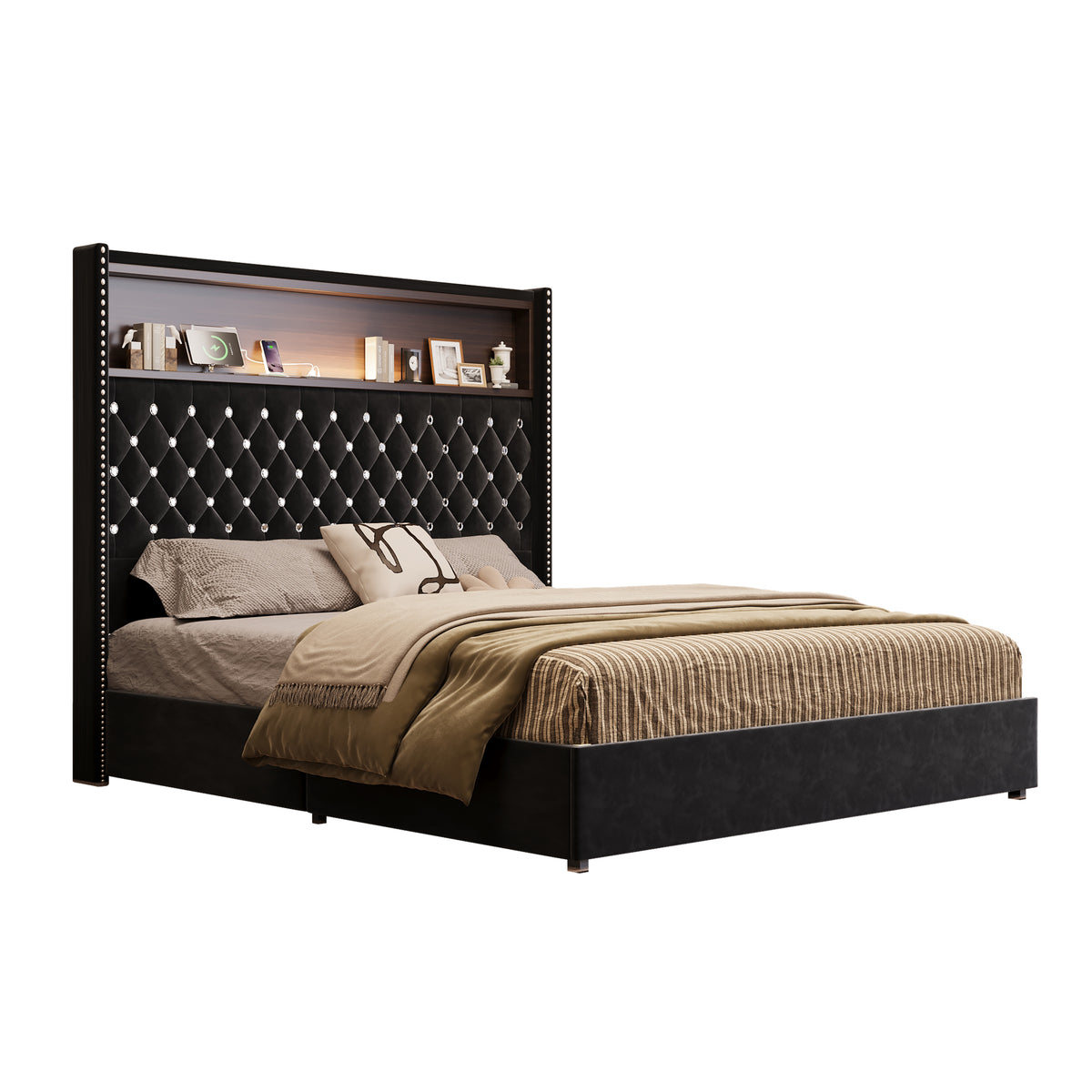 variant-group:rf-n733p367135b|Roomfitters Queen Velvet Tufted Platform Bed with Charging Ports, Tall Wingback Headboard with Rivet Trim and Shelf, Black