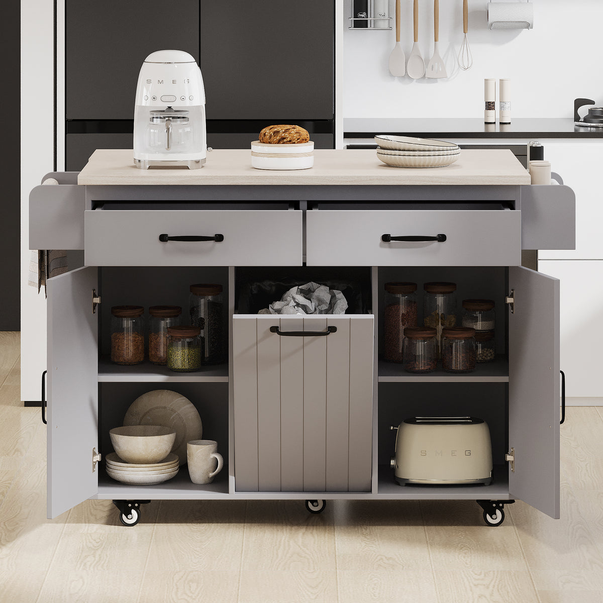 variant-group:rf-n707wf326381aag|Roomfitters Kitchen Island with Trash Can Storage Cabinet, Grey - Drop Leaf, Spice Rack, Towel Rack, Drawer, Adjustable Shelf, Rolling Island on Wheels, Grey