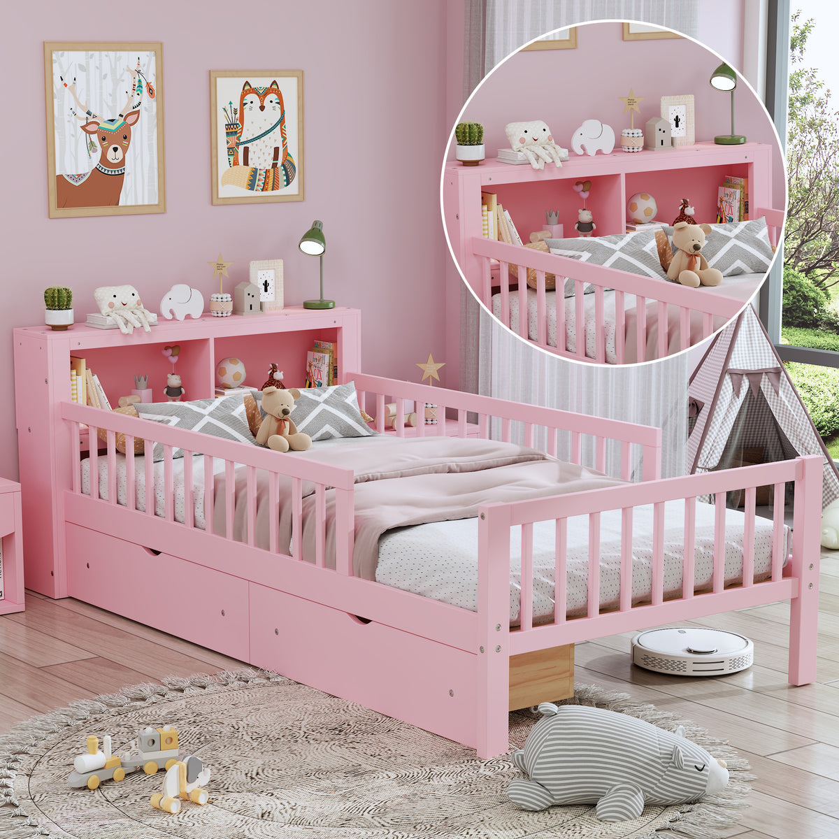 variant-group:rf-n733p272374h|Roomfitters Twin Bed with Headboard Storage Rack, Under-Bed Storage and Three-Side Guardrails, Pink