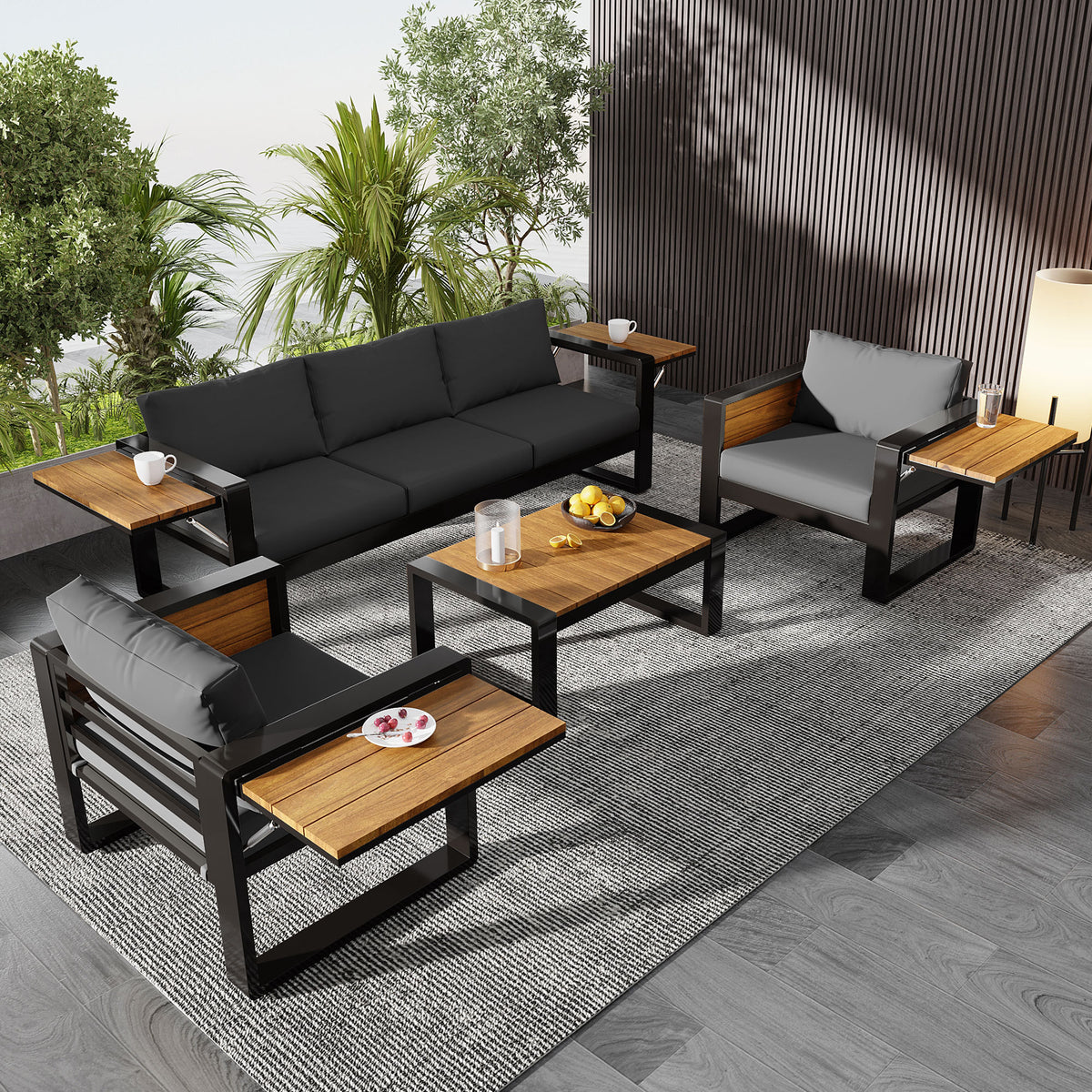 variant-group:rf-n704g201257e|Roomfitters 4-Piece Aluminum Patio Conversation Set with Four Fold-Out Side Trays and Slatted Coffee Table Gray