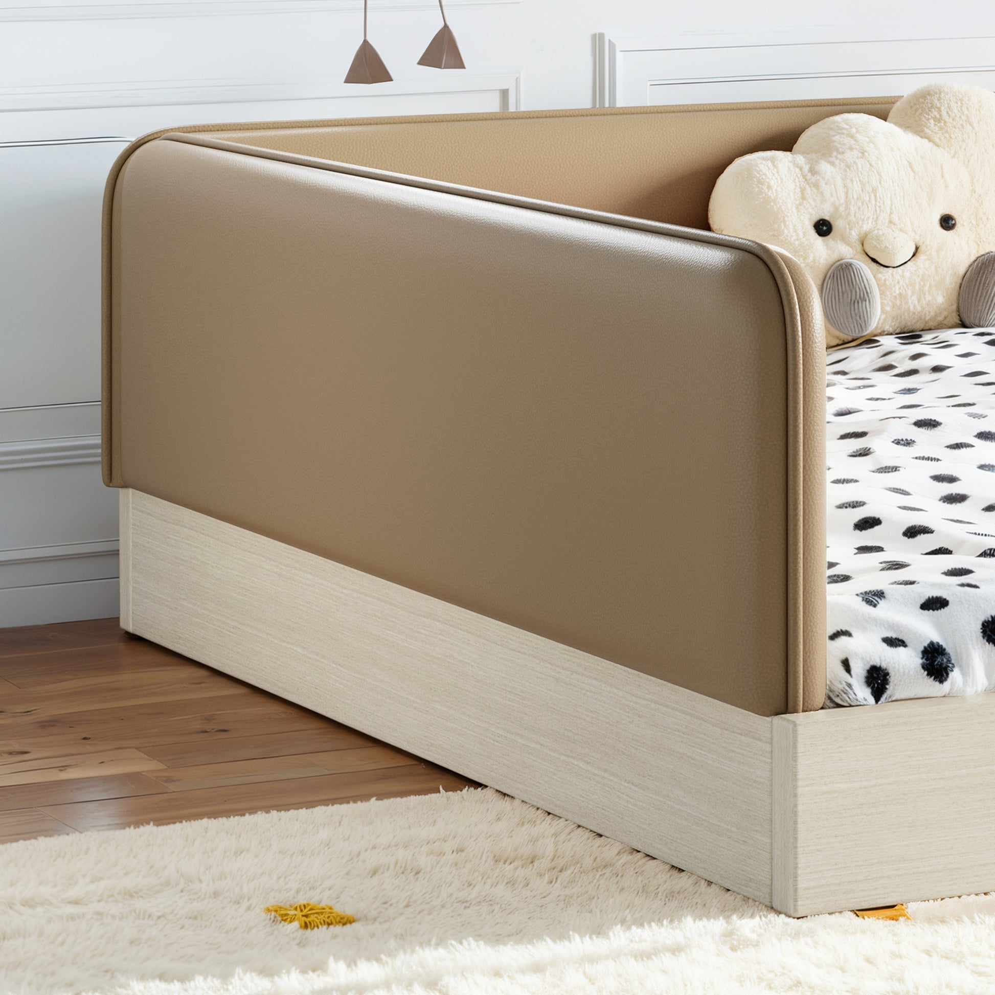variant-group:rf-w1580s00672|Roomfitters Queen Size Upholstered Floor Bed Frame with Removable Guardrails, Faux Leather Low Profile Platform, Brown