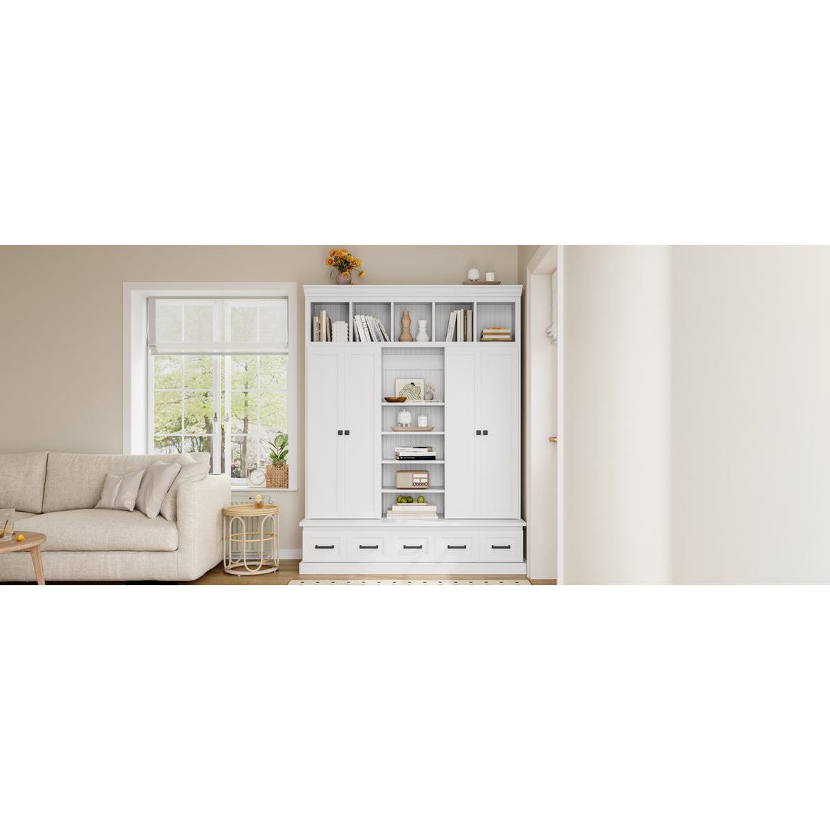 variant-group:rf-n724sj000139aak|Roomfitters 78.7" Hall Tree with Bench, 5 Cubbies, 4 Doors, 5 Drawers, Adjustable Shelves, White