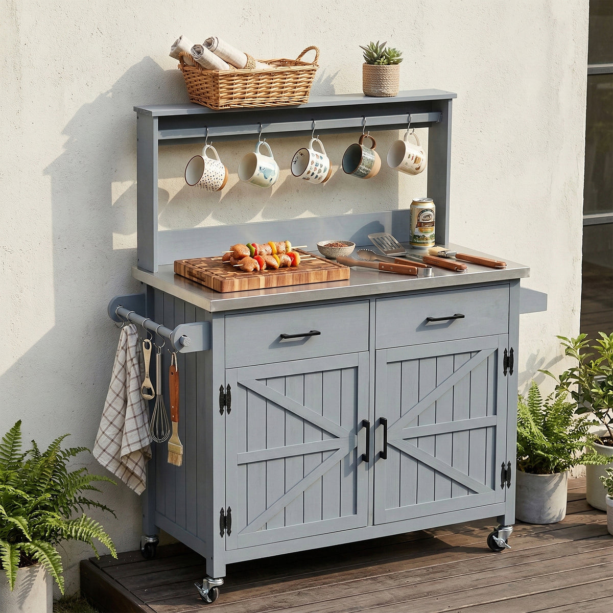 variant-group:rf-n707p409087g|Roomfitters 54.1" Grill Cart, Outdoor Kitchen Prep Station with Stainless Steel Top and Propane Tank Storage, Grey+Blue
