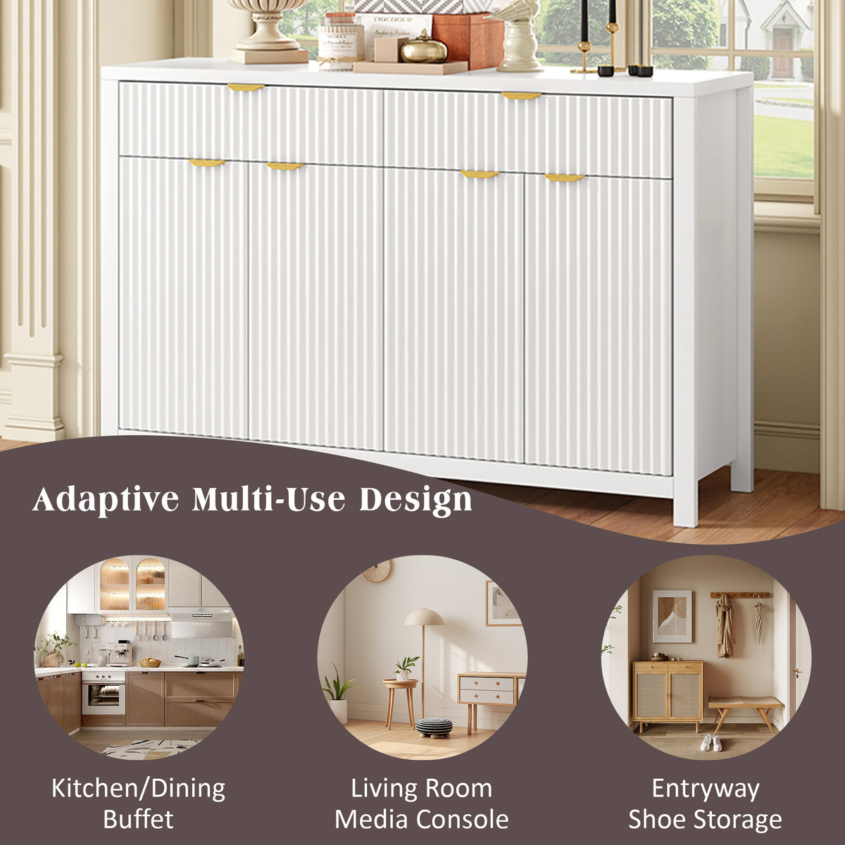 variant-group:rf-n711p269068k|Roomfitters Modern Sideboard Cabinet, Wave Pattern Storage Buffet with Adjustable Shelves, Accent Console, White
