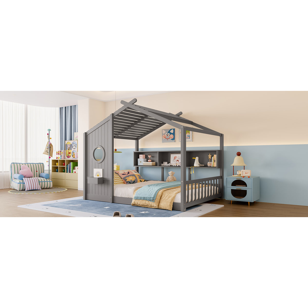 variant-group:rf-n733p335068e|Roomfitters Full Size Floor House Bed with Storage Shelf and Roof Design, Montessori Playhouse Bed, Gray