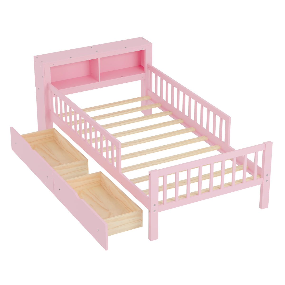 variant-group:rf-n733p272374h|Roomfitters Twin Bed with Headboard Storage Rack, Under-Bed Storage and Three-Side Guardrails, Pink