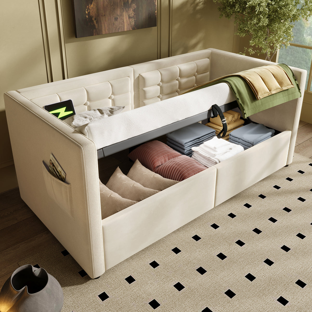 variant-group:rf-n736p303402b|Roomfitters Upholstered Twin Size Daybed with Storage, USB & Type-C Charging, Tufted Sofa Back, Velvet Beige