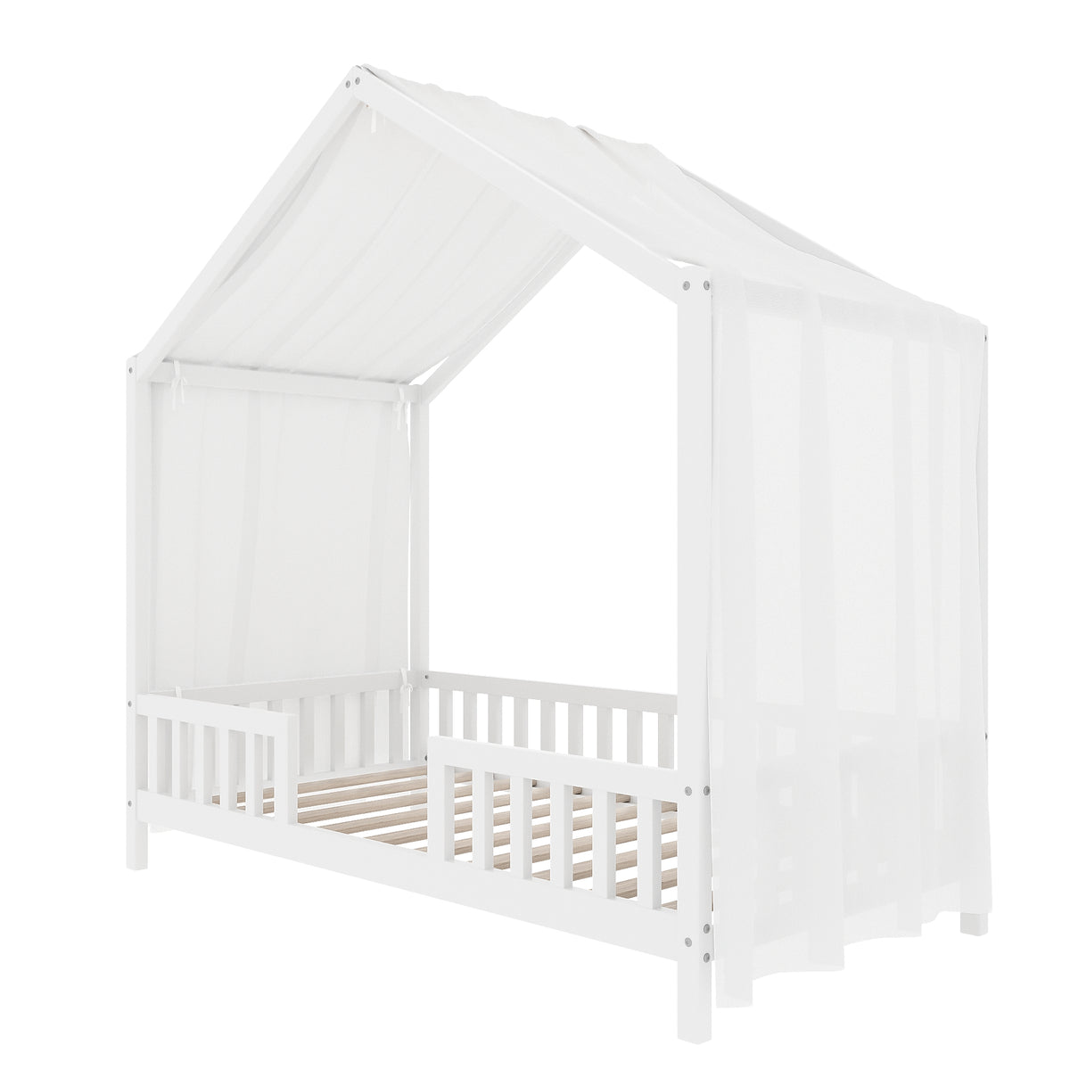 variant-group:rf-n733p356043k|Roomfitters Twin Montessori Floor Bed with Canopy, House Shape Wood Frame with Safety Rails, Youth Platform Bed, White