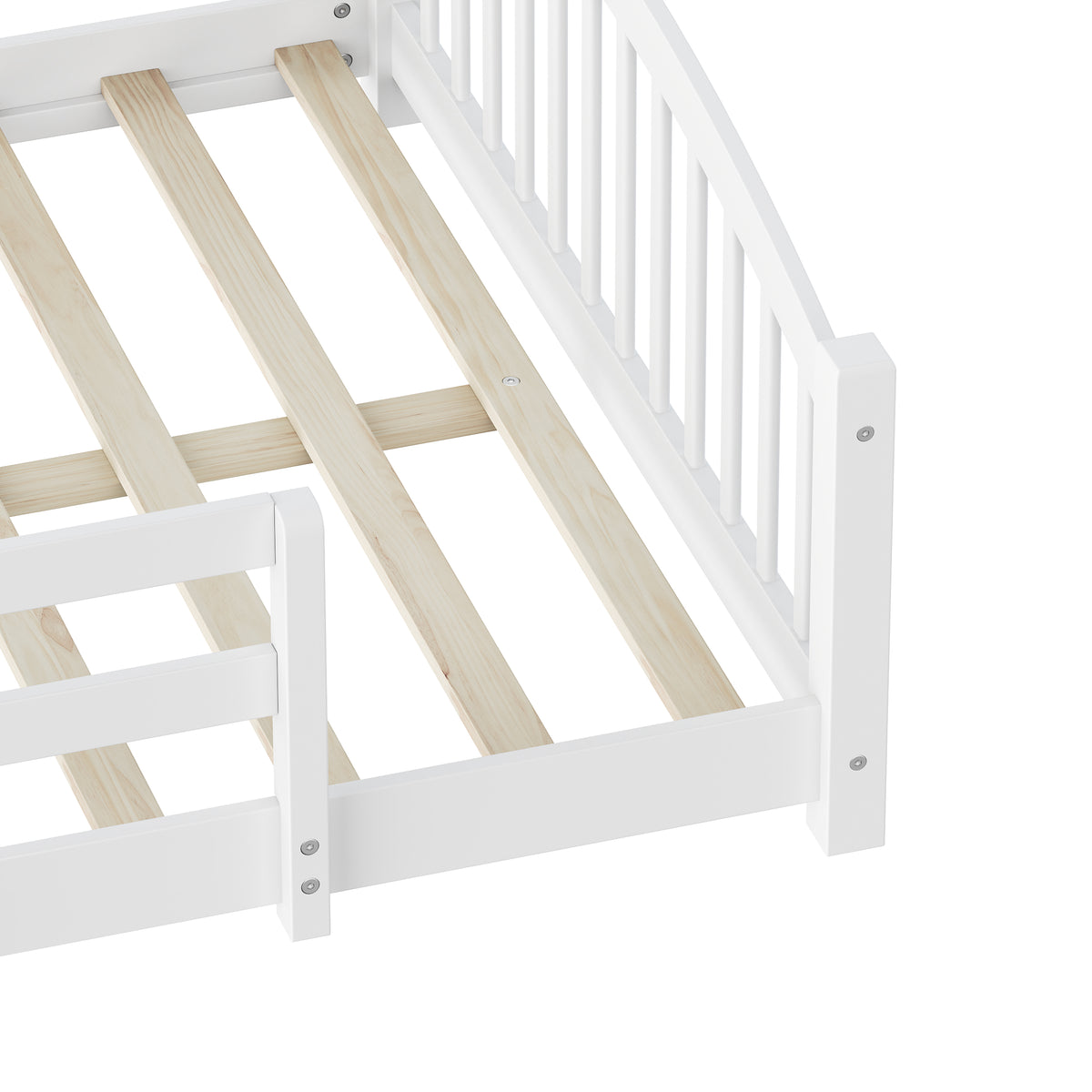 variant-group:rf-n733p400299k|Roomfitters Full Montessori Floor Bed with Guardrails, Solid Wood Low Platform Bed with Slats, Easy Assembly, White