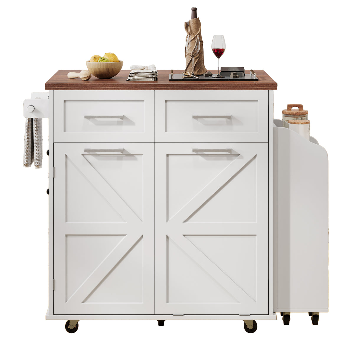variant-group:rf-n707p307296w|Roomfitters 47.2" Farmhouse Kitchen Island with Drop Leaf, Tilt Trash Can Cabinet, Removable Mobile Side Racks, White