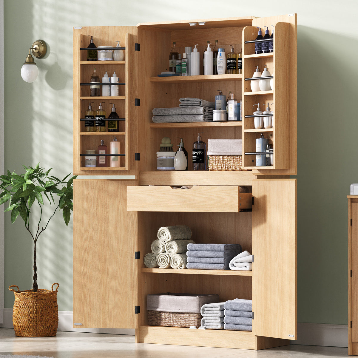 variant-group:rf-n707s000021y|Roomfitters 72" Tall Farmhouse Kitchen Pantry Cabinet with Curved Profile & 8 Door Shelves, Natural Oak