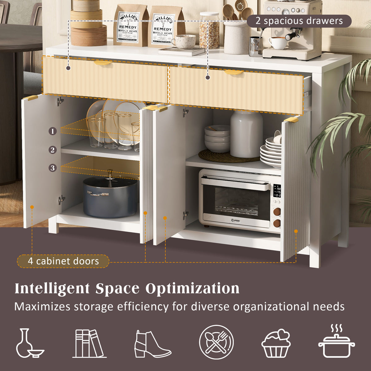 variant-group:rf-n711p269068k|Roomfitters Modern Sideboard Cabinet, Wave Pattern Storage Buffet with Adjustable Shelves, Accent Console, White